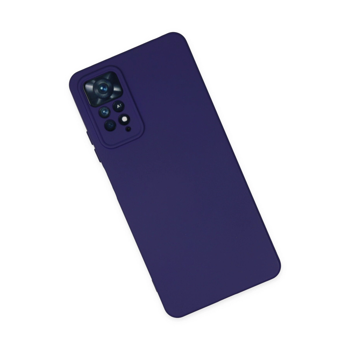Arkada dörtlü kamera kurulumuna sahip koyu mor telefon kılıfı.