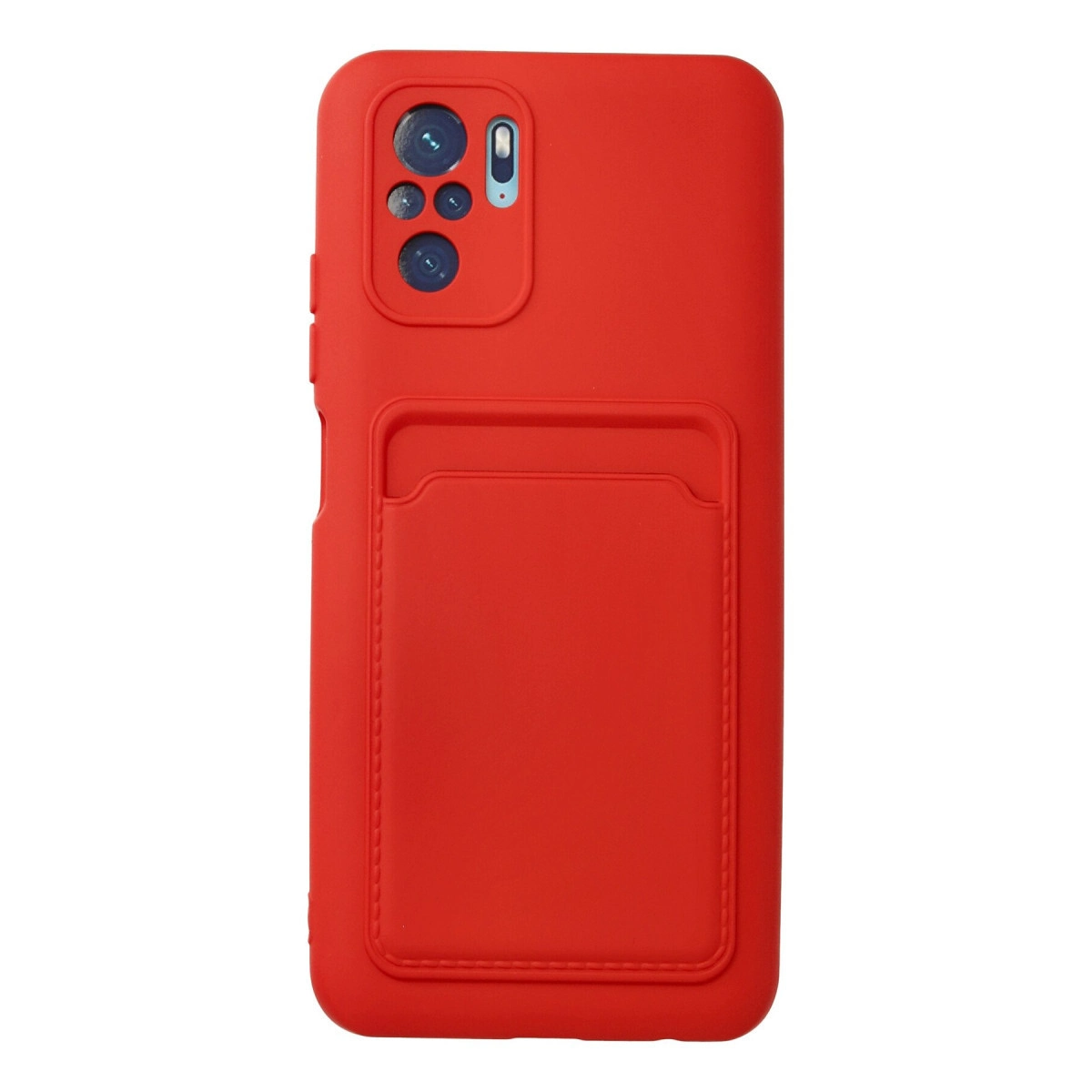 Kart yuvalı ve kamera kesimli kırmızı telefon kılıfı. Beyaz arka plan.