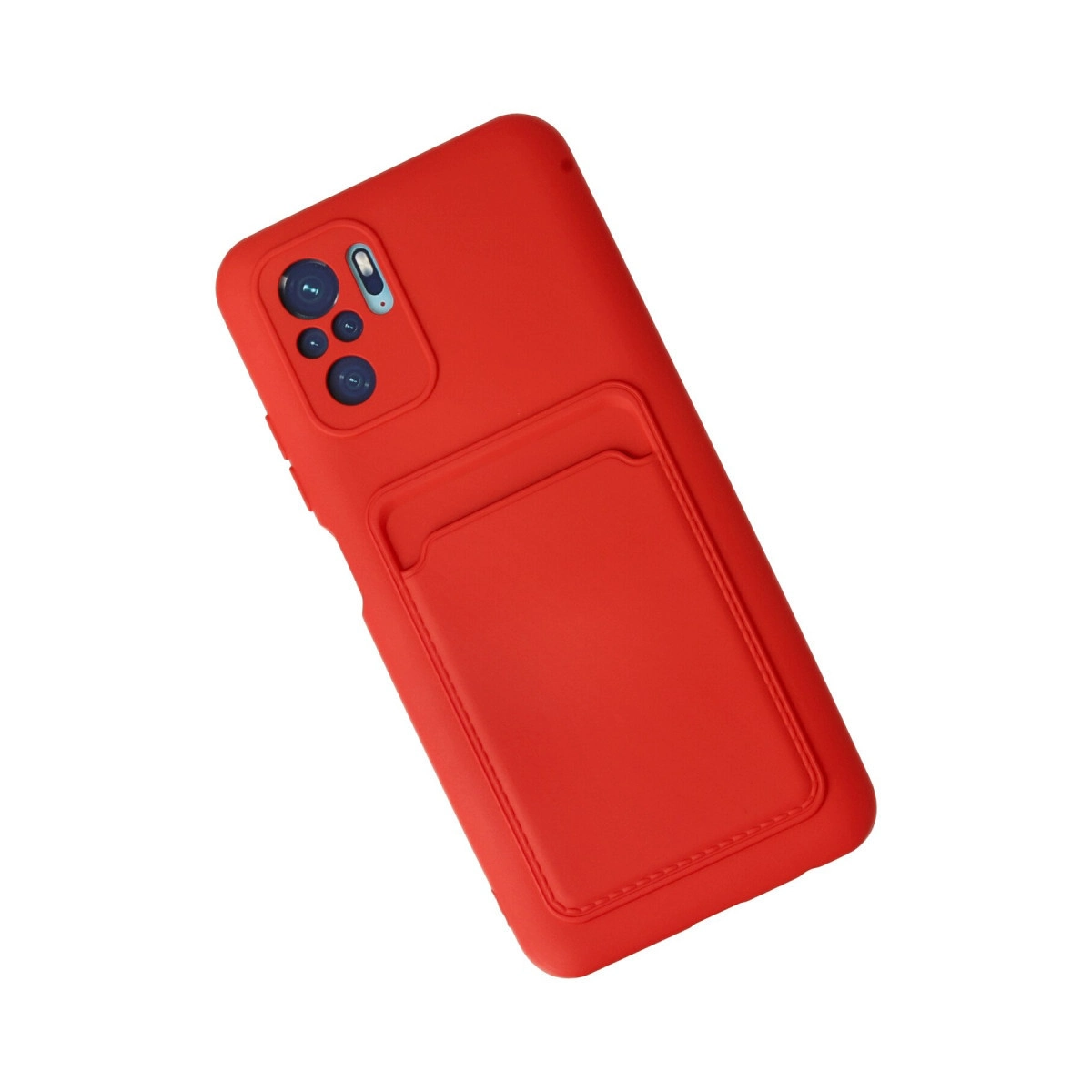 Kart yuvalı ve kamera alanlı kırmızı telefon kılıfı.
