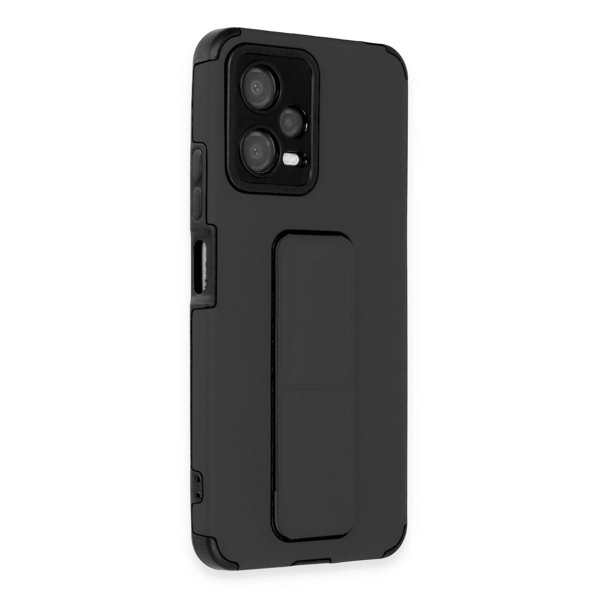 Üç kameralı ve entegre stantlı siyah telefon kılıfı.