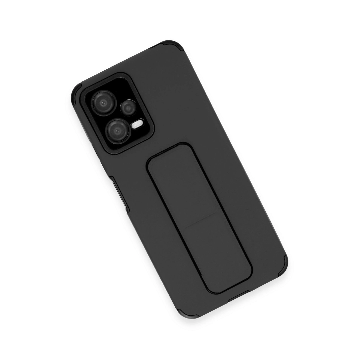 Entegre stantlı ve kamera modüllü siyah akıllı telefon kılıfı.