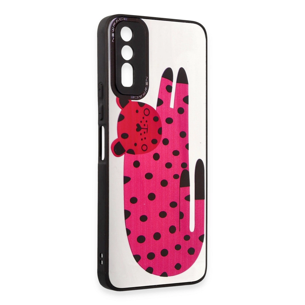 Siyah noktalı pembe telefon kılıfı ve kırmızı leopar tasarımı.