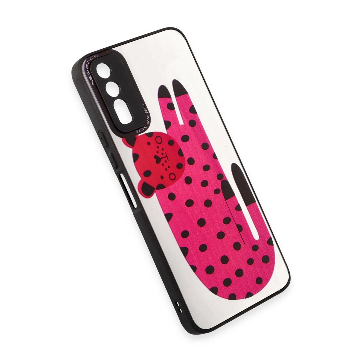 Siyah puantiyeli pembe bir leopar ve kırmızı yüzlü telefon kılıfı.