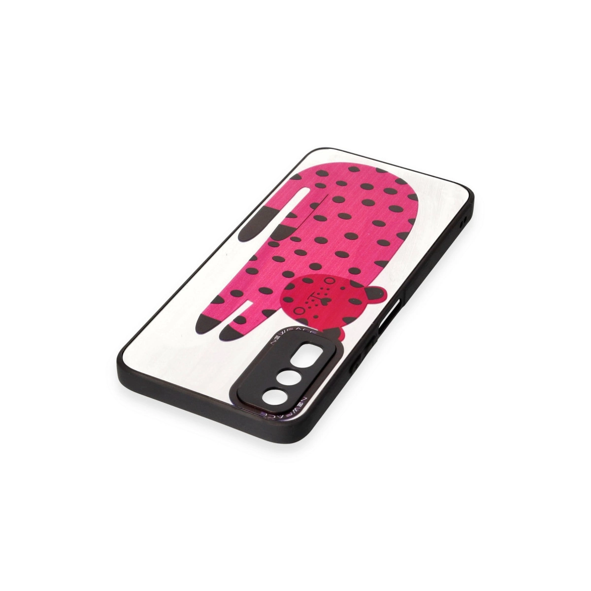 Siyah puantiyeli pembe telefon kılıfı ve kırmızı leopar başı tasarımı.