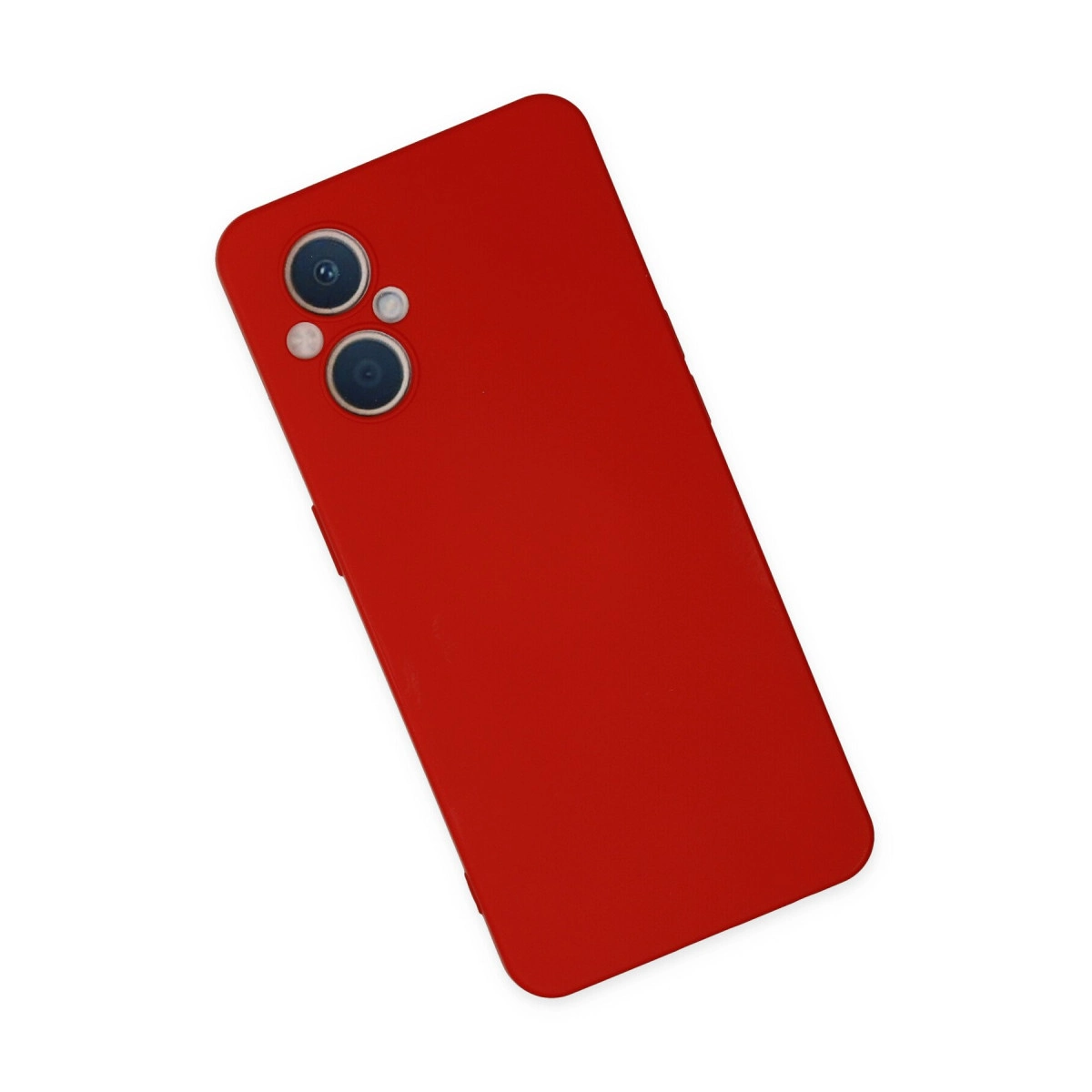 Kamera modüllü kırmızı telefon kılıfı, beyaz zeminde.