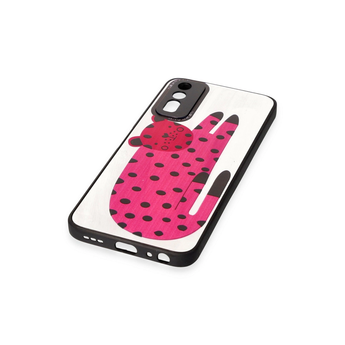 Siyah puantiyeli beyaz telefon kılıfında pembe leopar deseni.