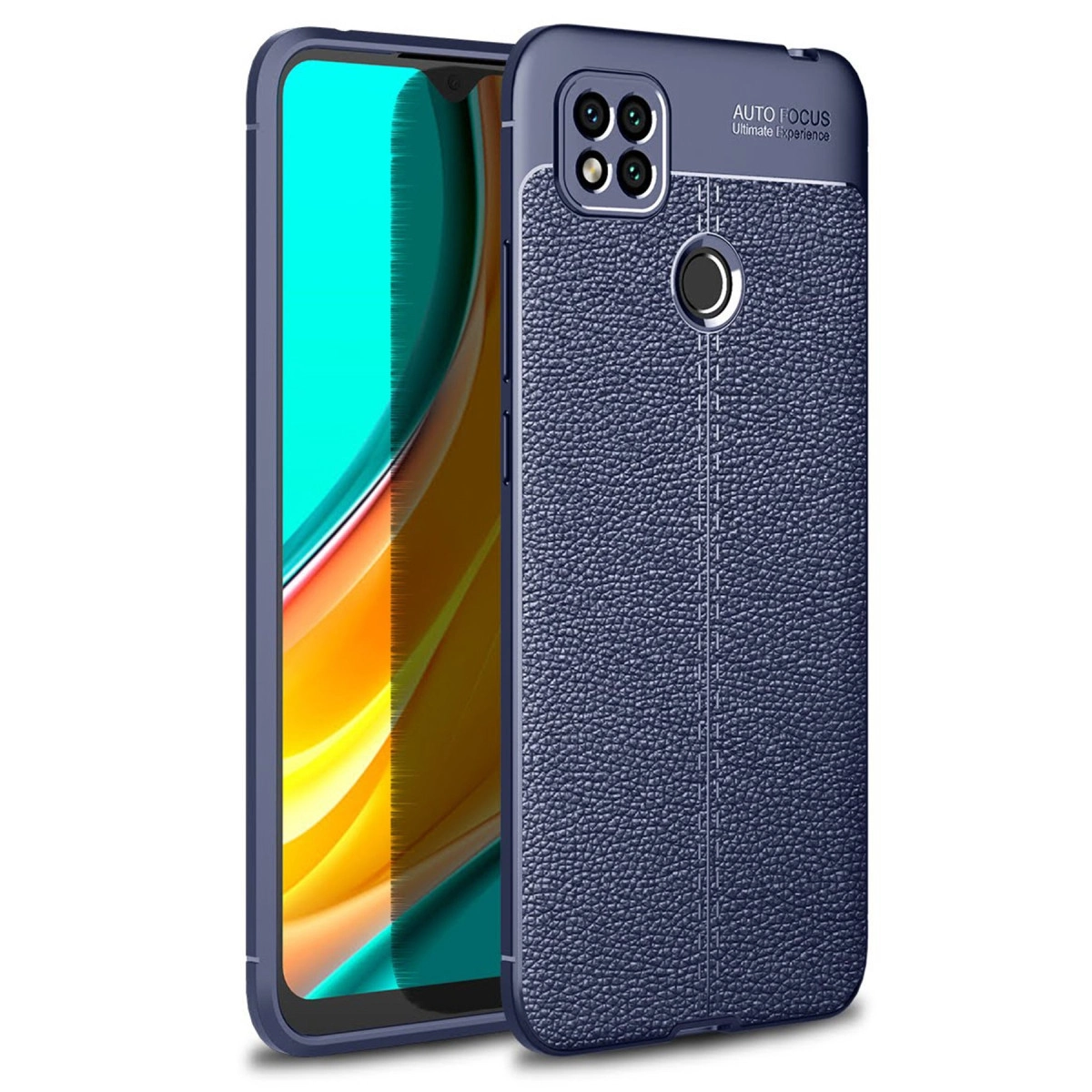 Deri dokulu, kamera kesimli lacivert telefon kılıfı.
