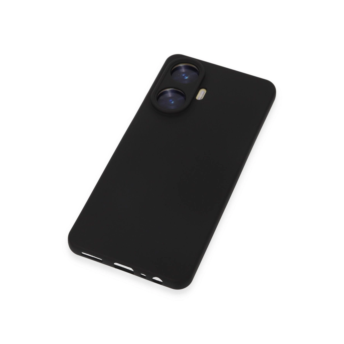Beyaz arka plan üzerinde iki kamera lensi ve flaşlı siyah telefon kılıfı.
