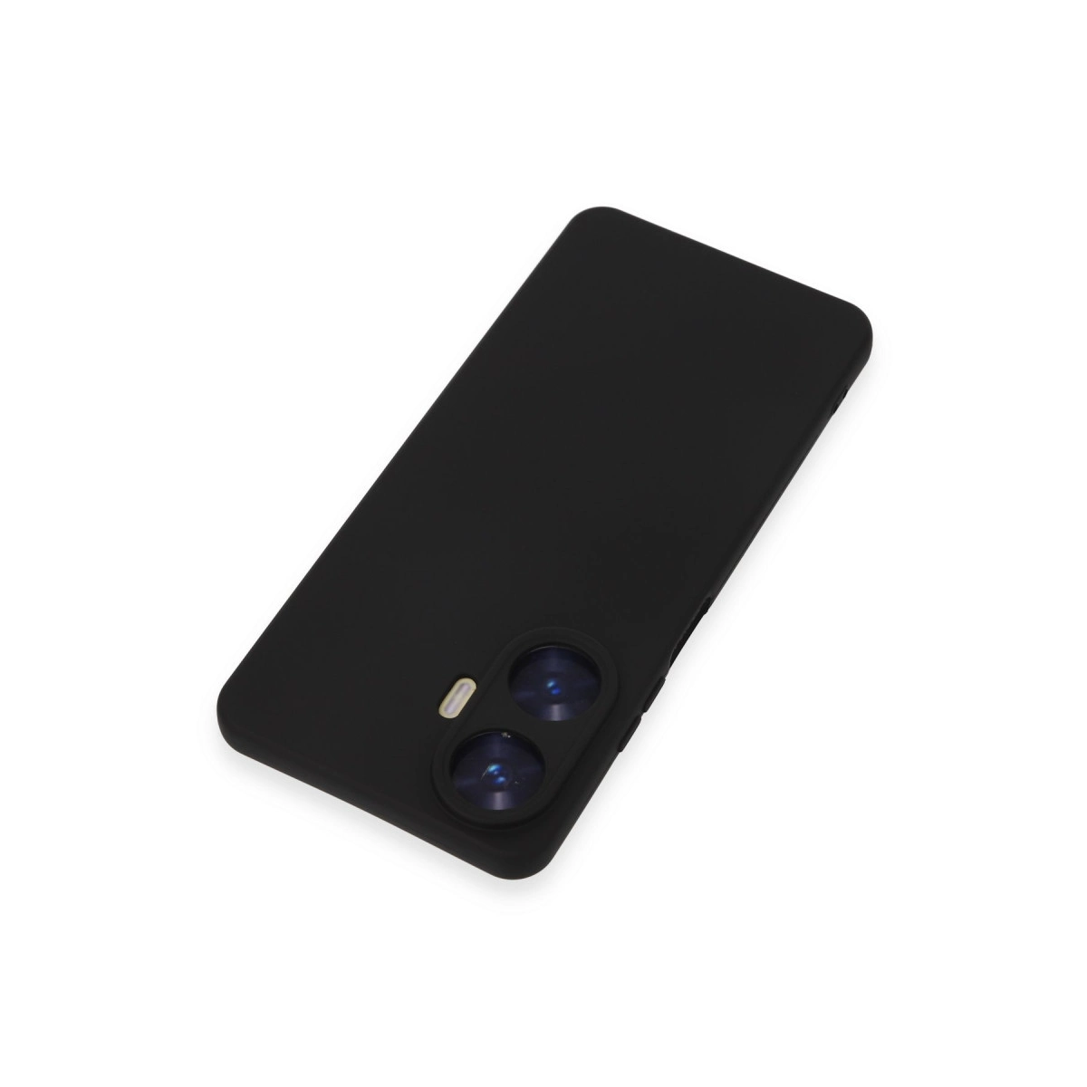Beyaz zeminde iki kamera lensi ve flaşlı siyah telefon kılıfı.