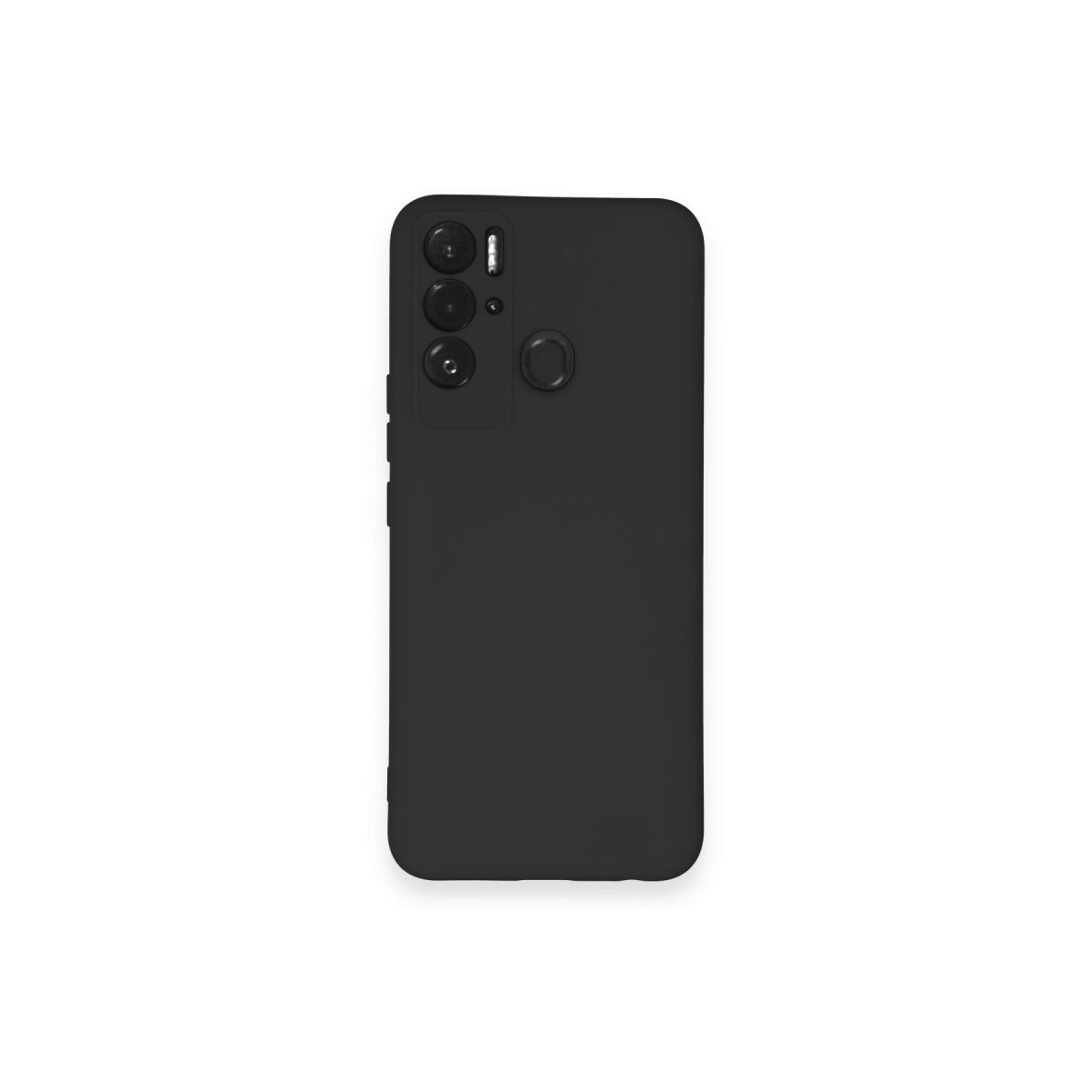 Sol üstte üç kamera lensi ve flaşı olan siyah telefon kılıfı.