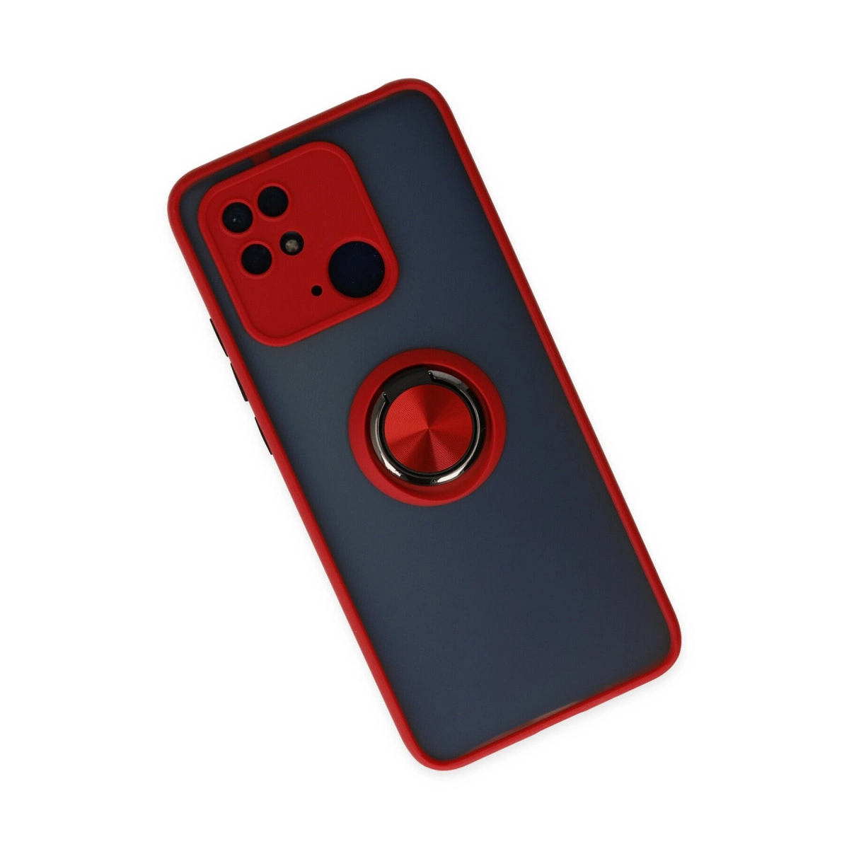 Kırmızı kenarlı, kamera çerçeveli, halka tutuculu koyu gri telefon kılıfı.