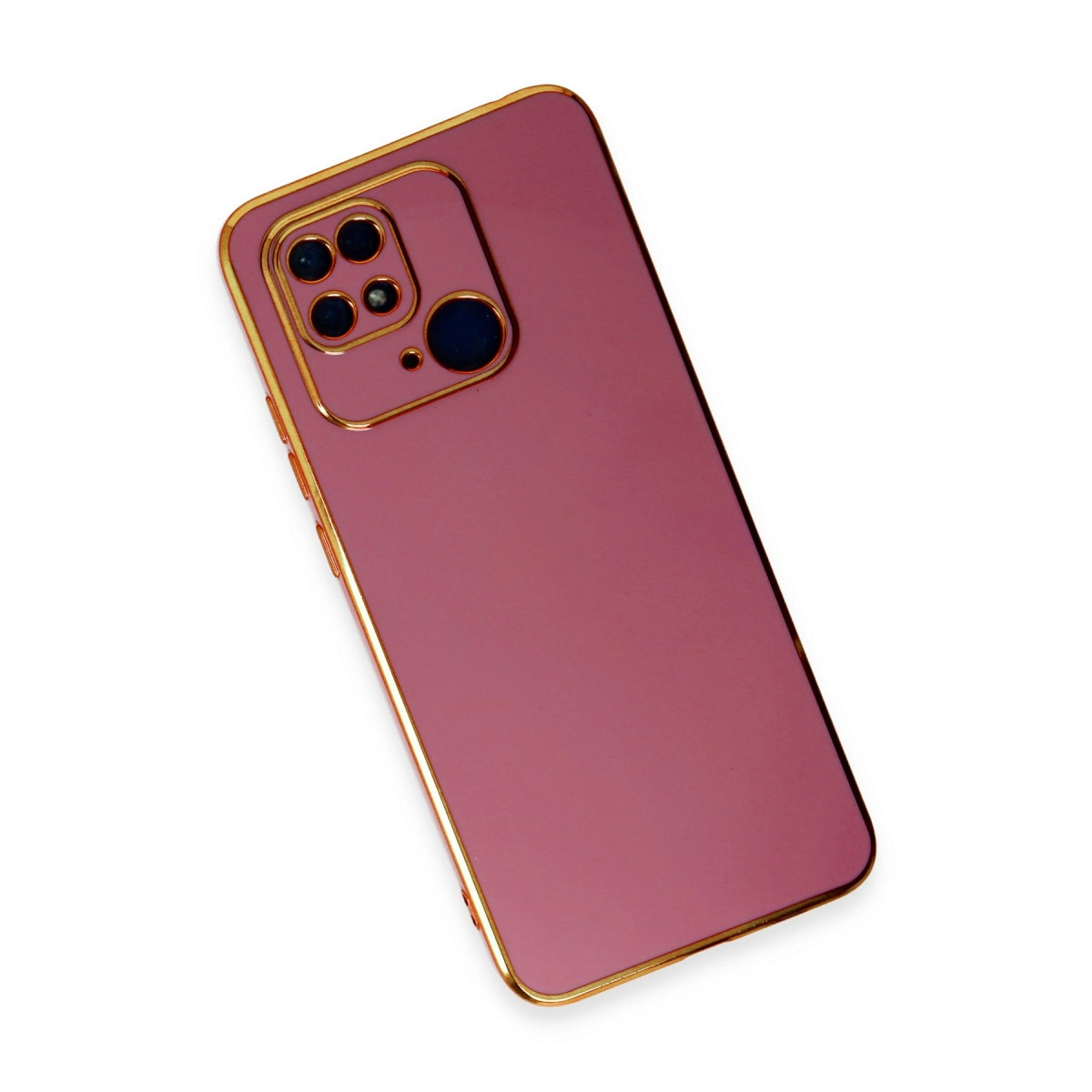 Altın çerçeveli ve kamera modüllü pembe telefon kılıfı.
