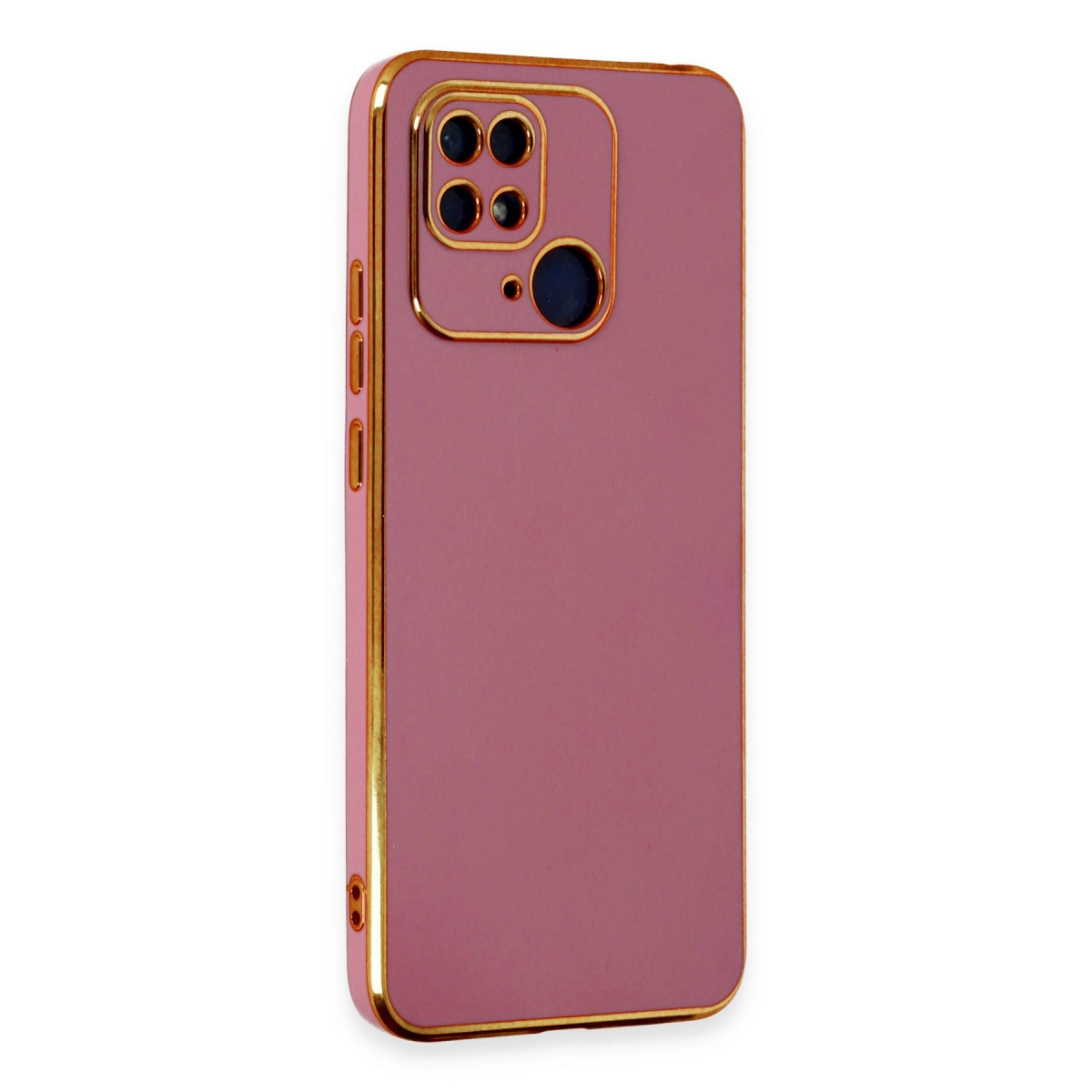 Altın çerçeveli ve kamera modüllü pembe telefon kılıfı.