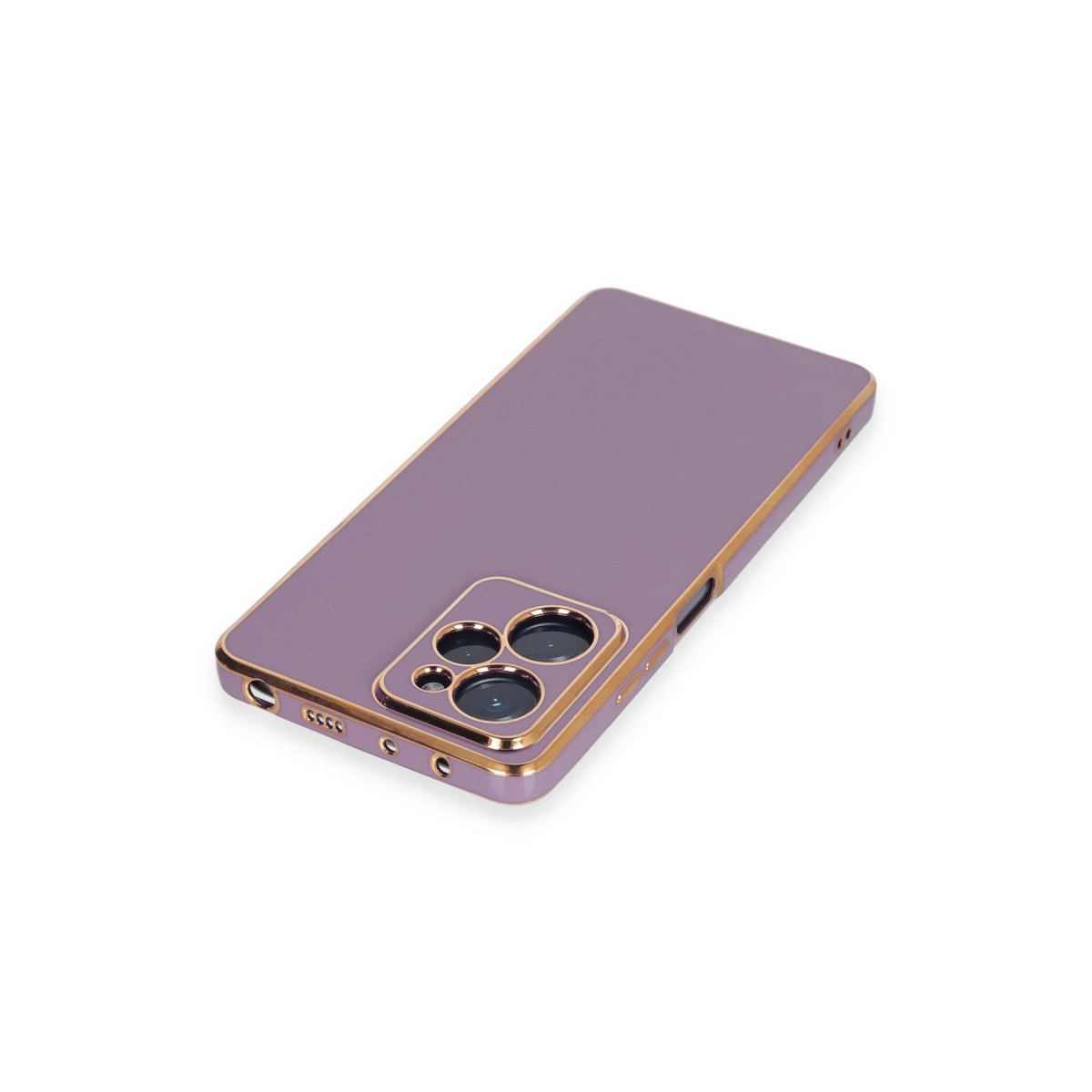 Altın kenarlı ve kamera kesimli mor telefon kılıfı.