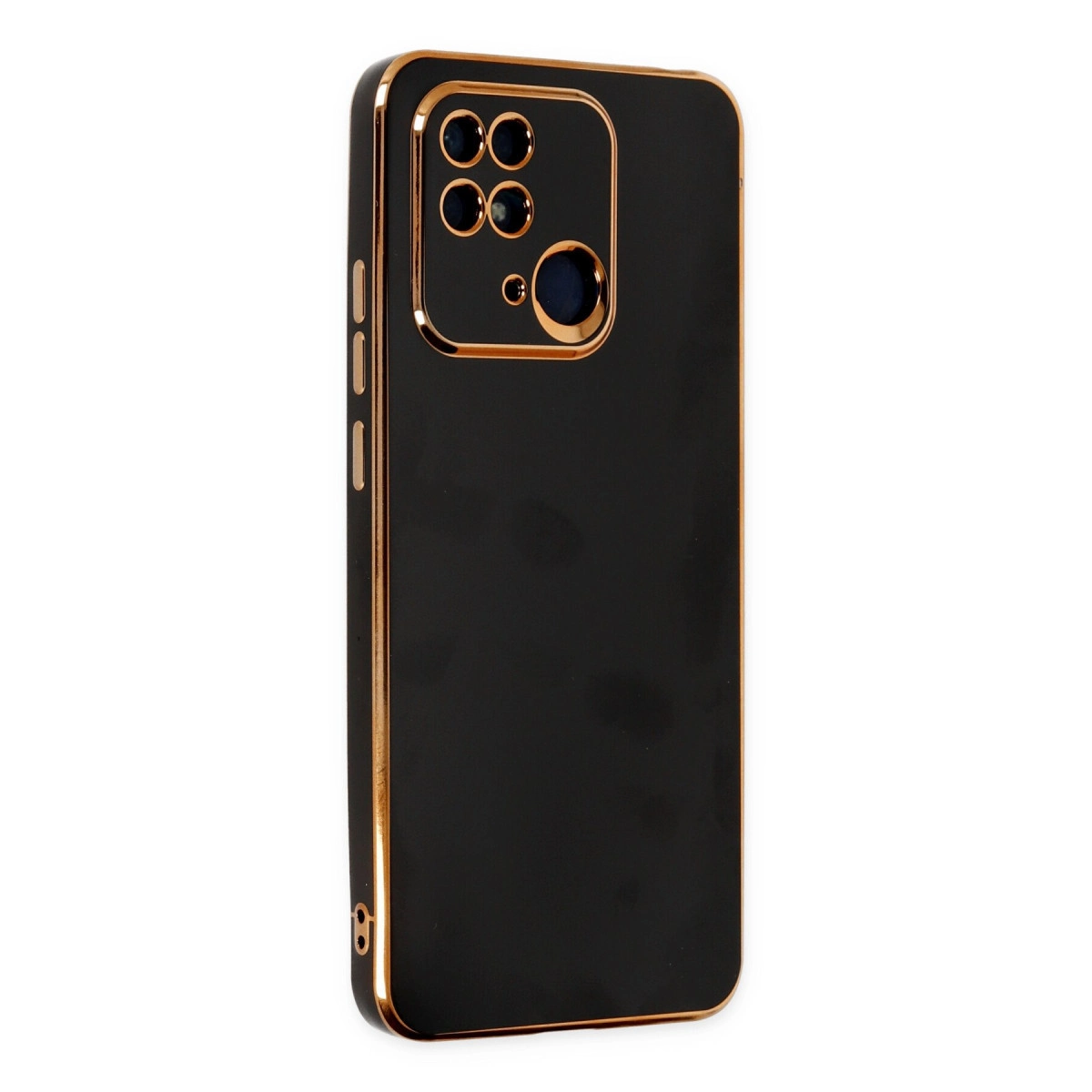 Altın kenarlı ve kamera kesimli siyah telefon kılıfı.