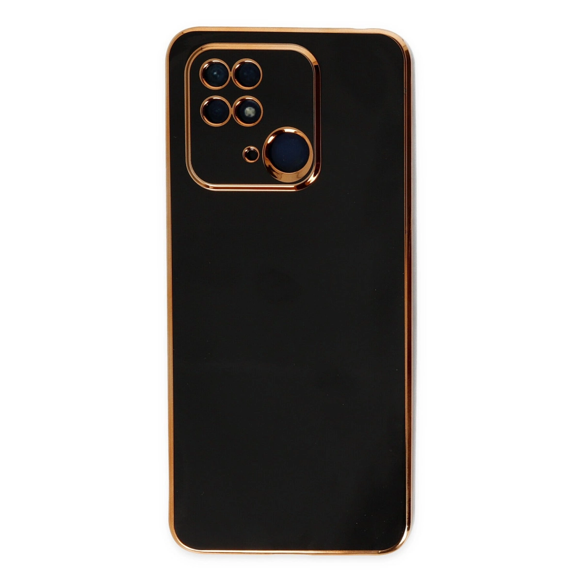 Altın kenarlı ve kamera oyuntulu siyah telefon kılıfı.