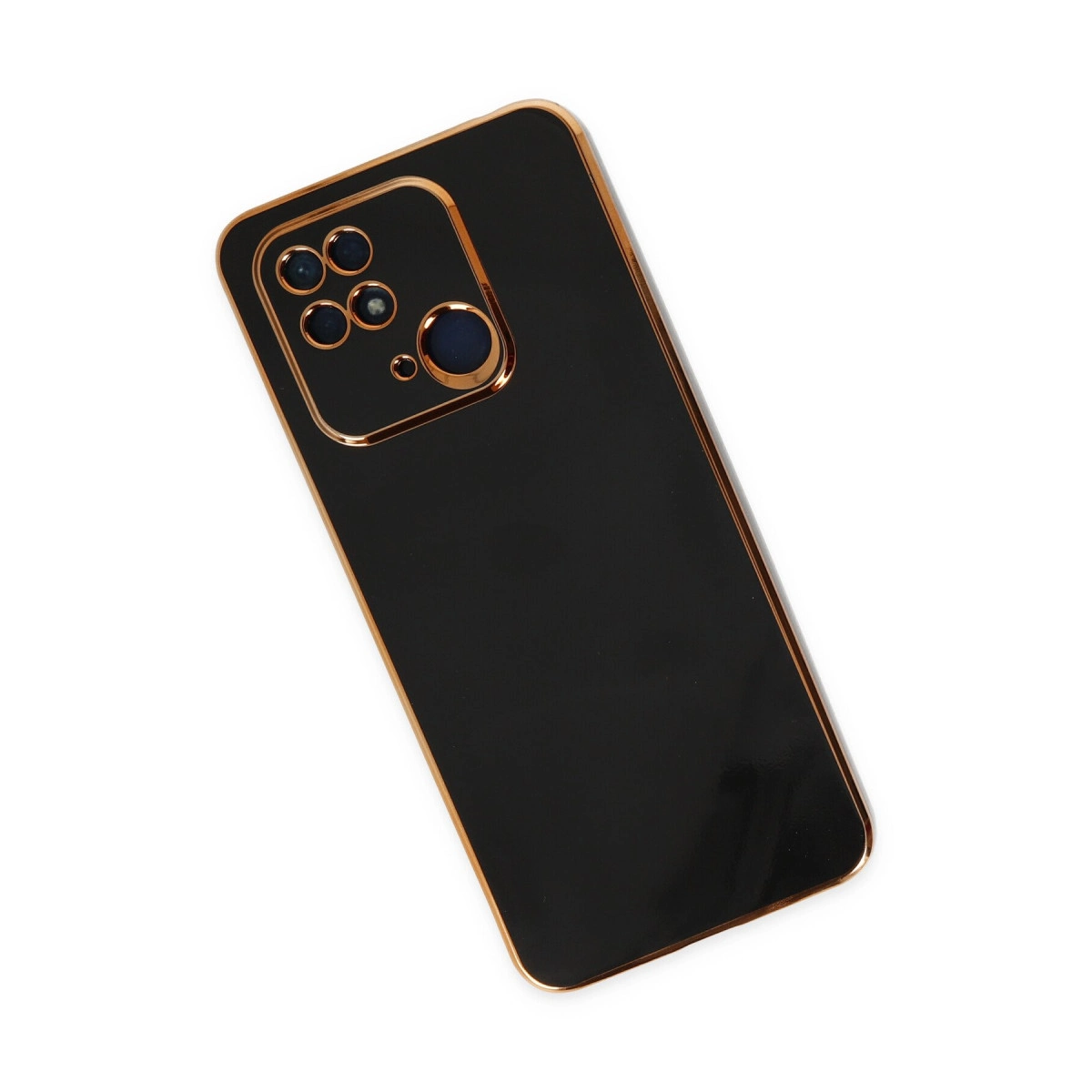 Altın çerçeveli ve kamera modüllü siyah akıllı telefon kılıfı.