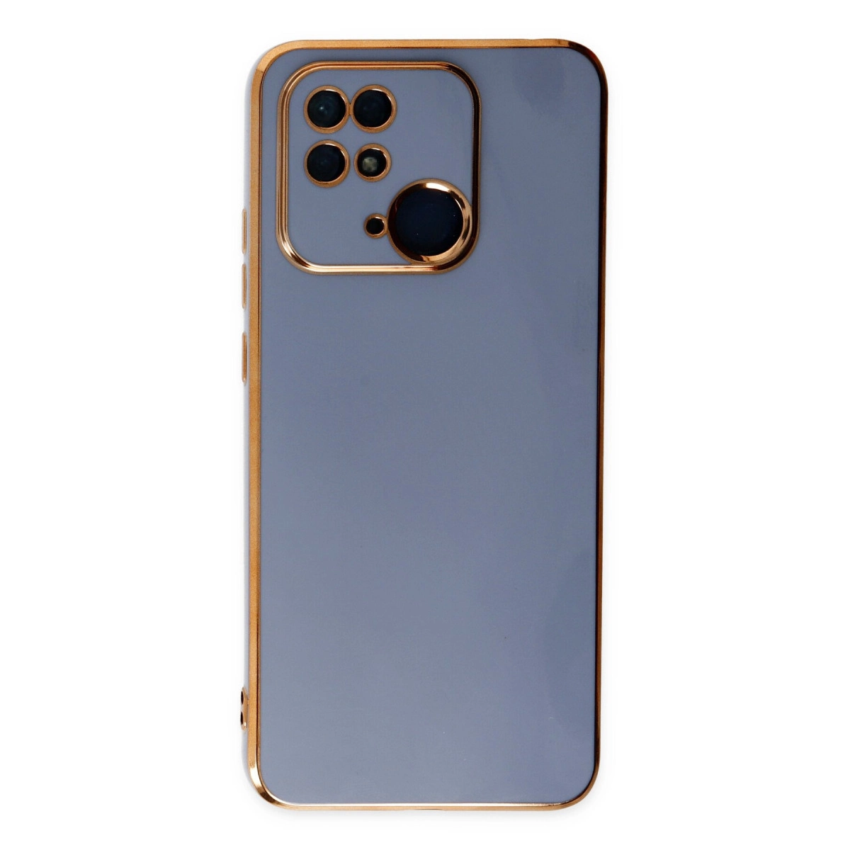 Altın kenarlı ve dört kamera lensli gri telefon kılıfı.