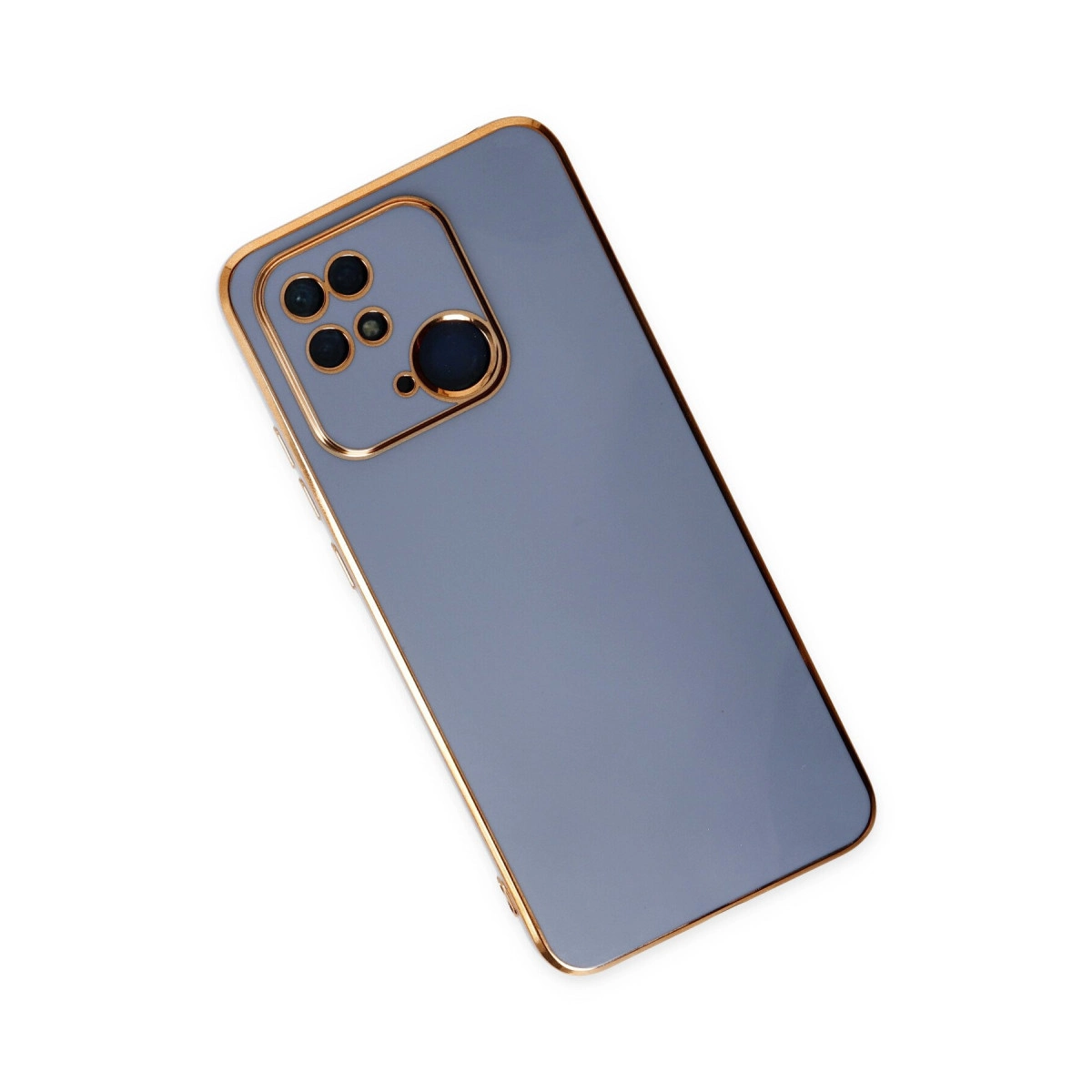 Altın çerçeveli ve kamera modüllü gri telefon kılıfı.