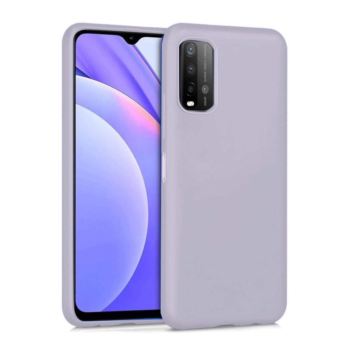 Açık mor telefon kılıfı, üçlü kameraya sahip bir akıllı telefonu kaplar.