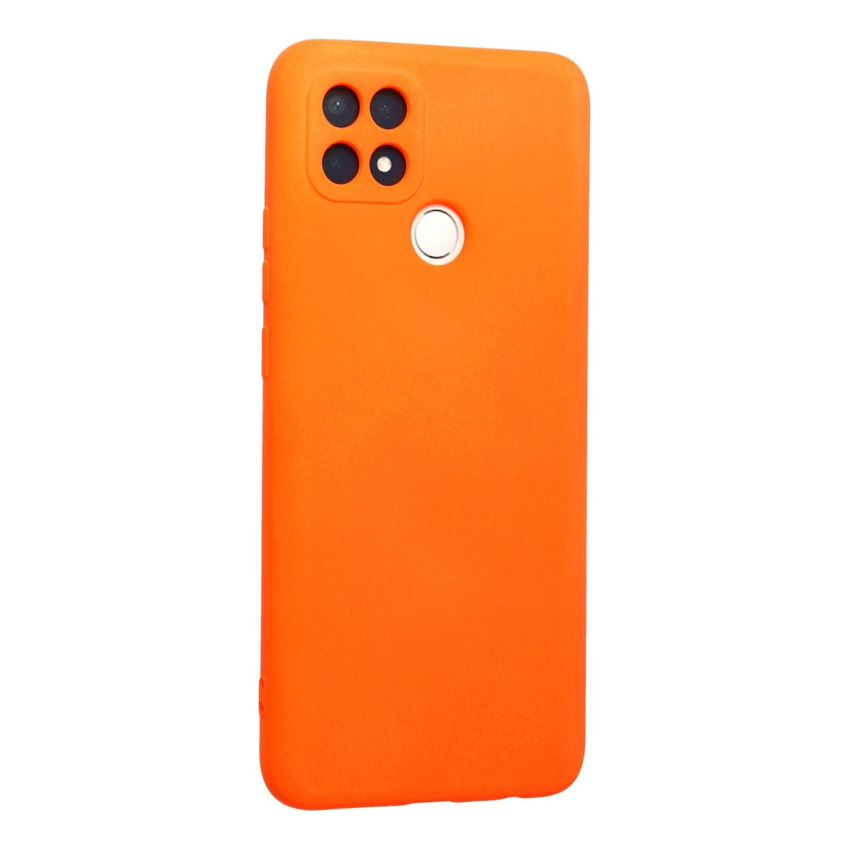 Dört kamera lensi ve parmak izi sensörü bulunan turuncu telefon kılıfı.