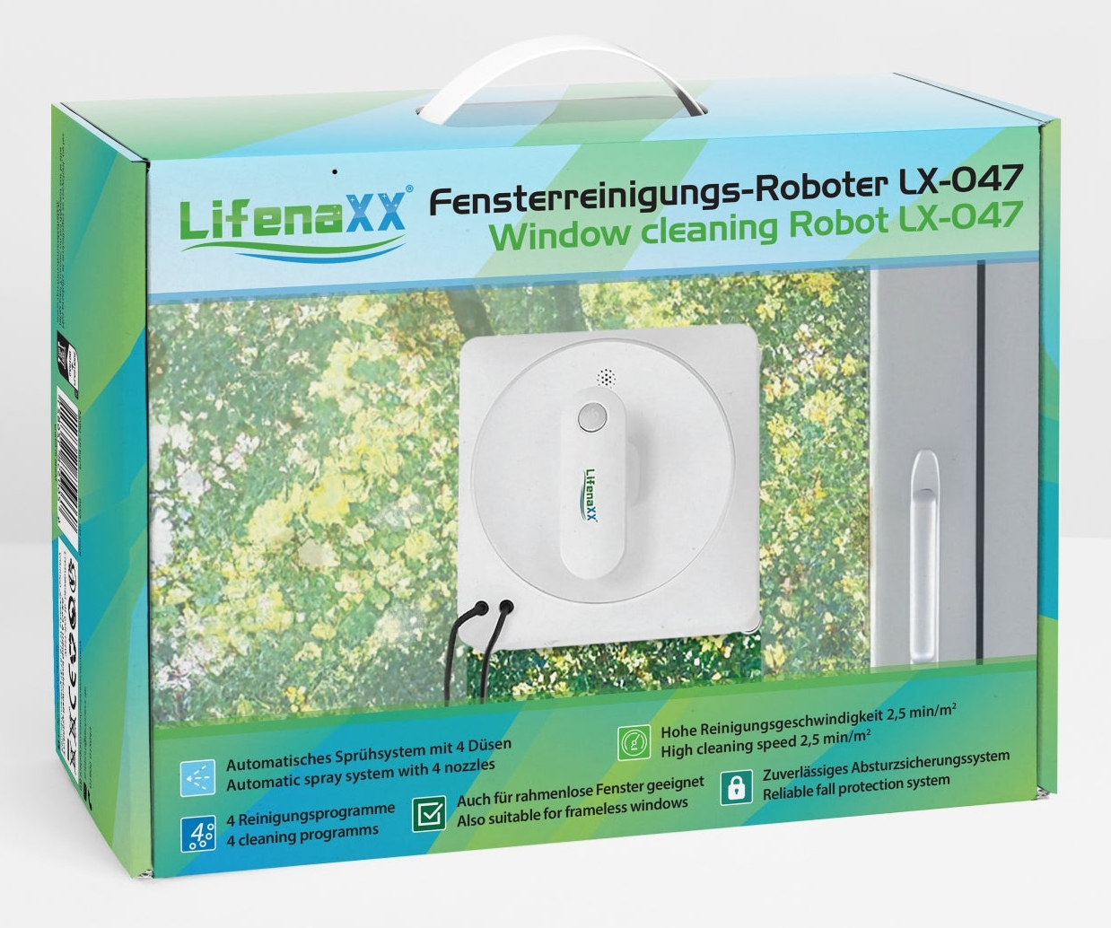 Verpackung eines LifenaXX Fensterreinigungsroboters LX-047 mit Abbildungen.