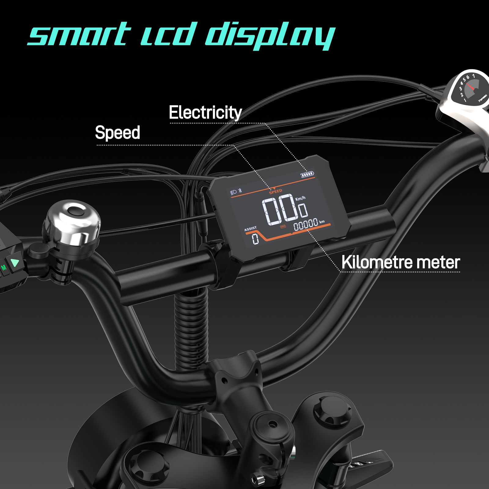 Nahaufnahme des Lenkers eines E-Bikes mit LCD-Display, das Geschwindigkeit und Strom anzeigt.