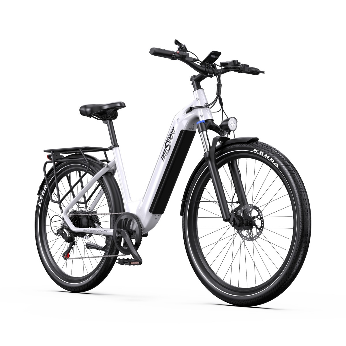 Bici elettrica bianca con batteria nera, portapacchi e forcella.