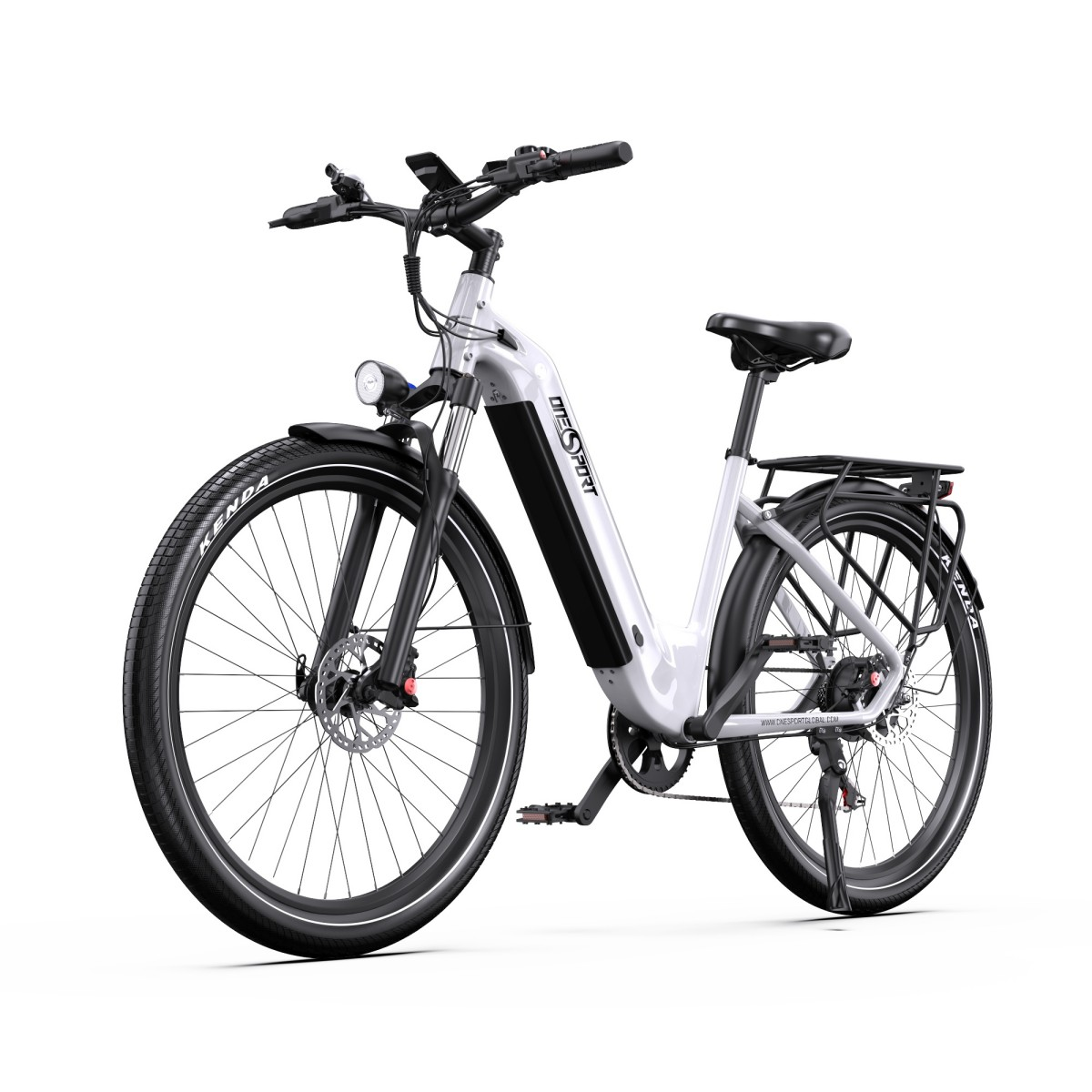 Una bicicletta elettrica bianca con batteria nera, portapacchi e pneumatici Kenda.