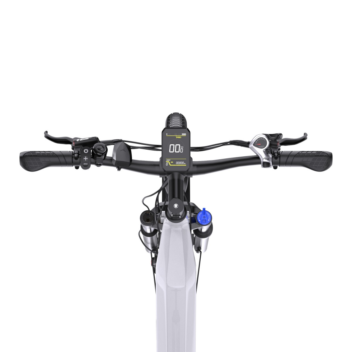 Vista frontale di una e-bike bianca con manubrio, display, freni e sospensioni.
