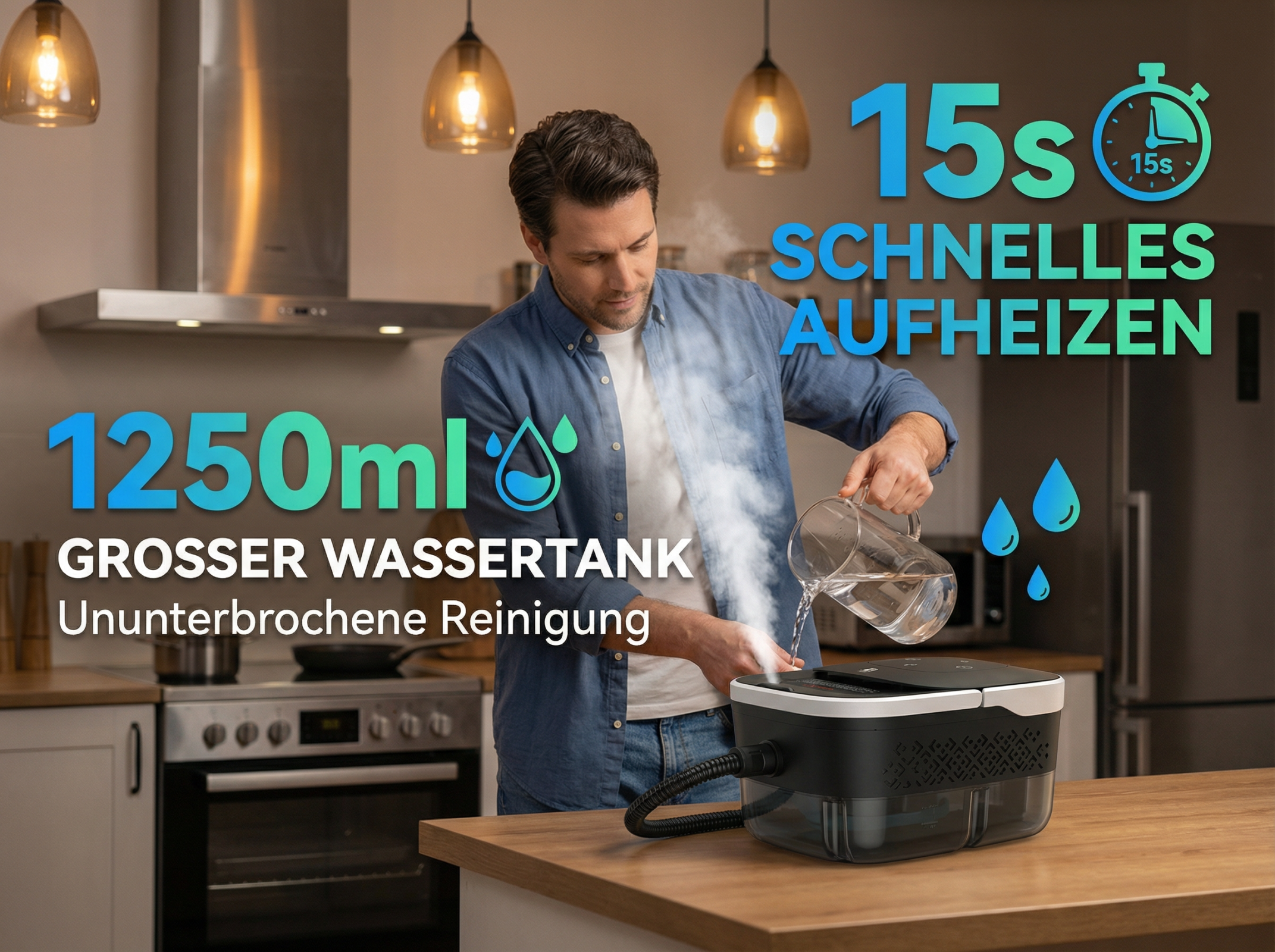Mann gießt Wasser in Gerät; 1250ml Tank, 15s Aufheizen.