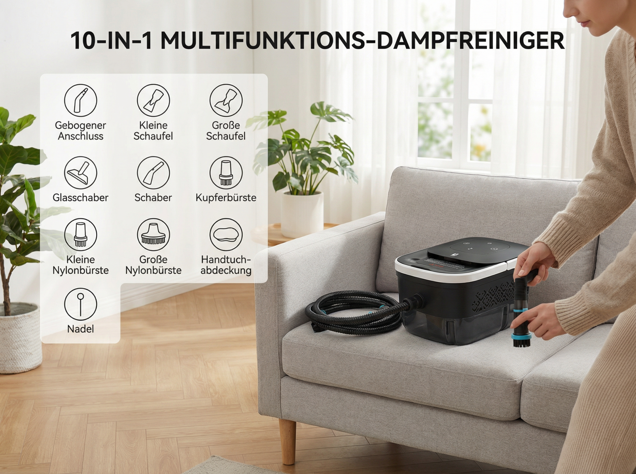 Multifunktions-Dampfreiniger mit Zubehör auf Sofa.