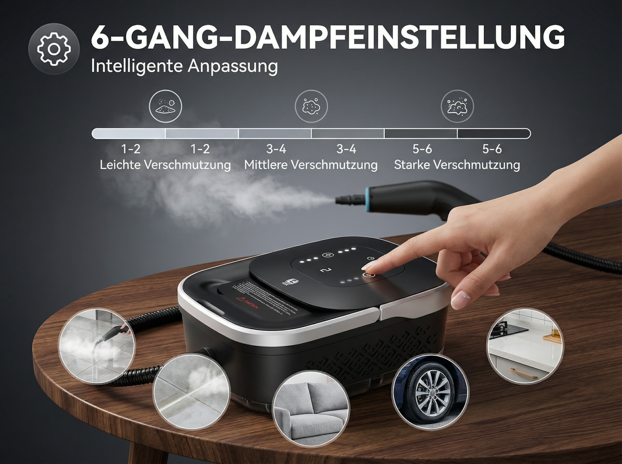 Dampfreiniger mit 6 Gängen für verschiedene Verschmutzungen, mit Hand und Düse.