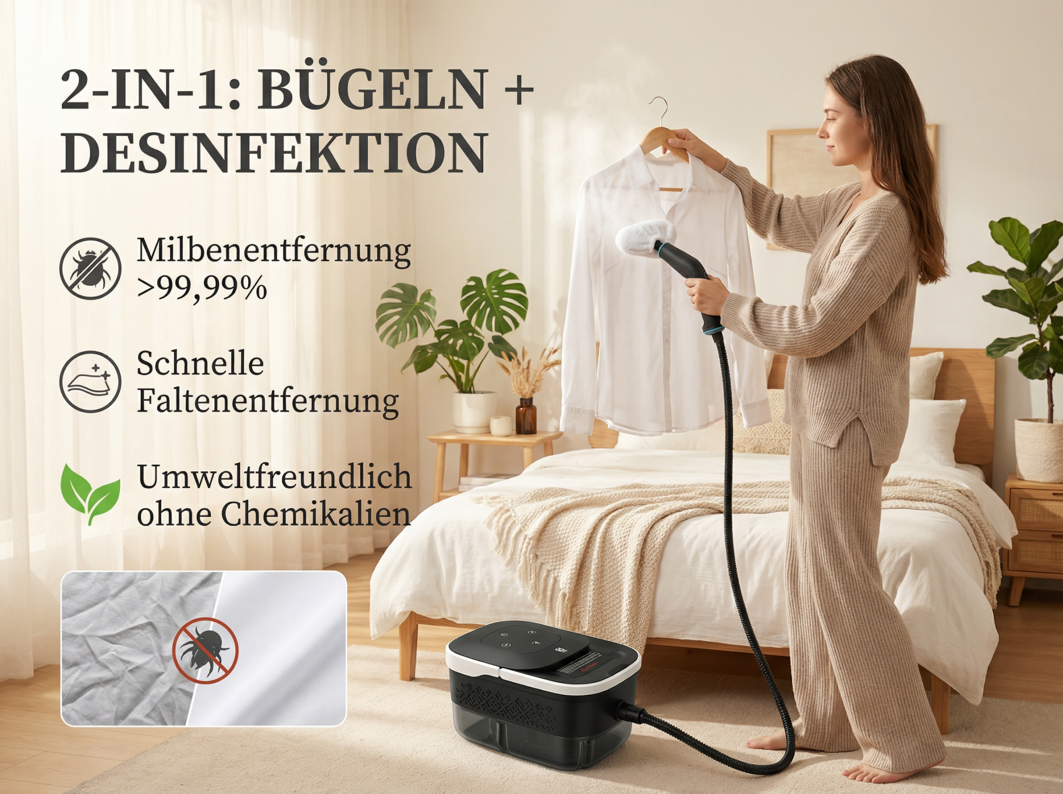 Frau bügelt Hemd mit Dampfgerät. 2-in-1: Bügeln & Desinfektion.