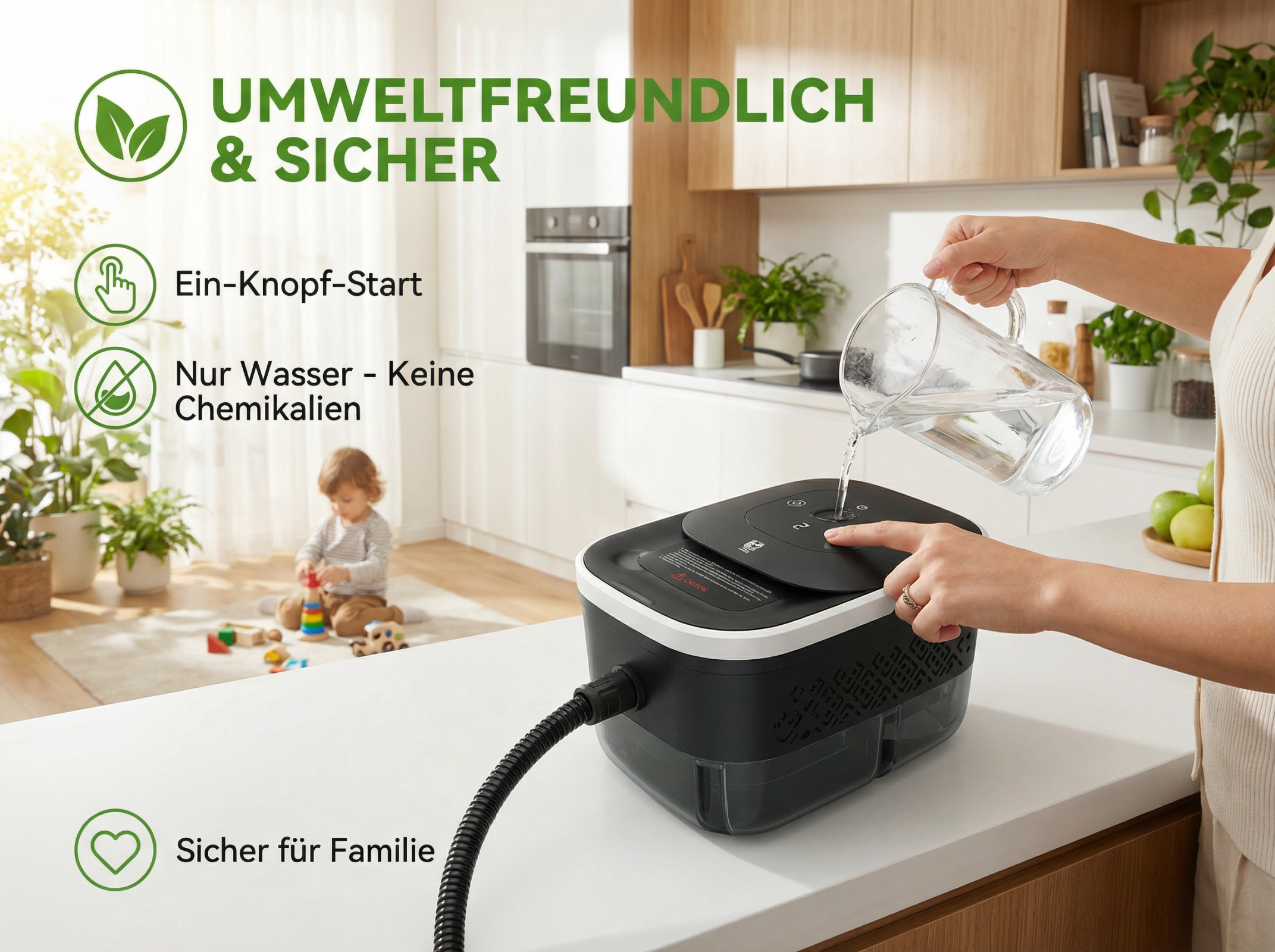 Eine Person füllt Wasser in ein Gerät, ein Kind spielt im Hintergrund.