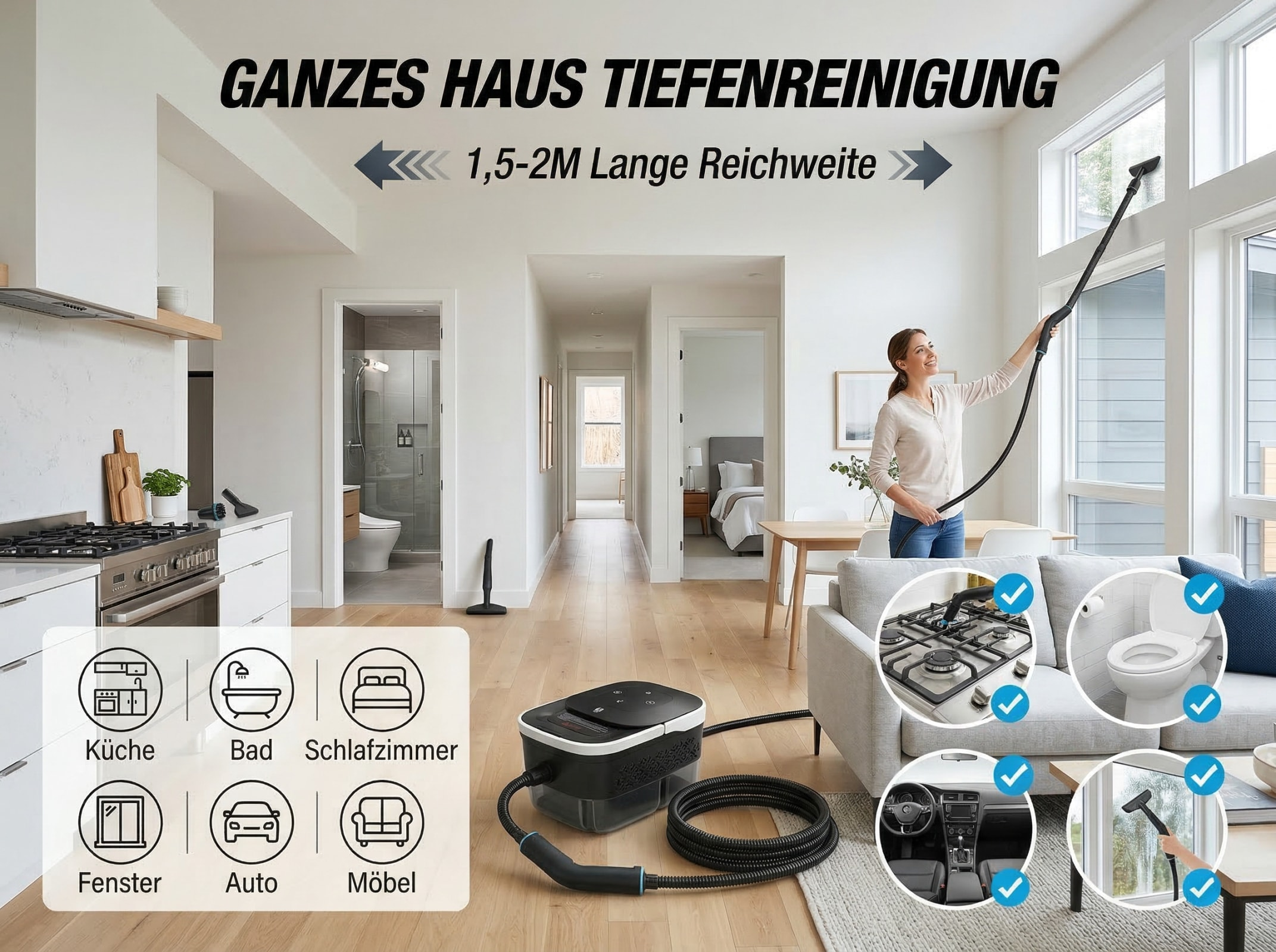 Frau reinigt Fenster mit Dampfreiniger. Küche, Bad, Schlafzimmer, Auto, Möbel.