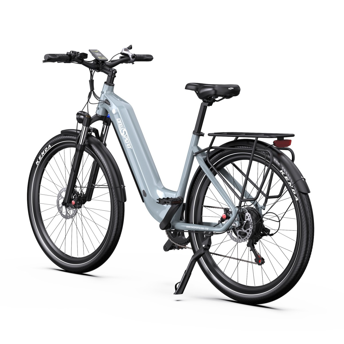 Bicicletta elettrica grigio chiaro con portapacchi, parafanghi e display.
