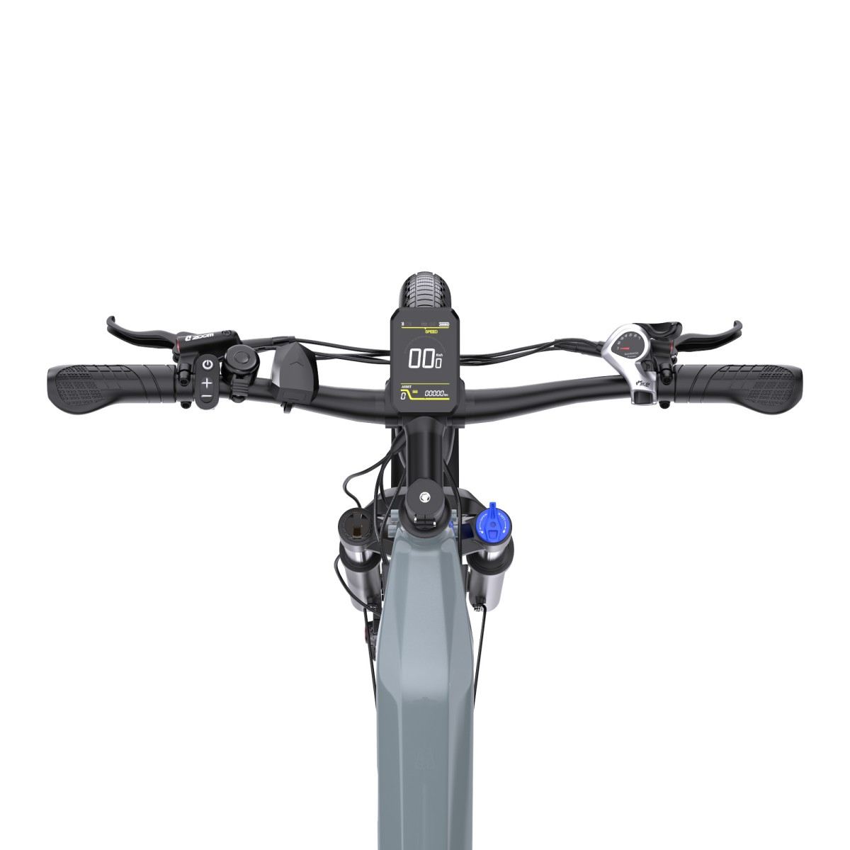 Cruscotto e-bike grigio con manubrio, manopole, freni, display e sospensioni.