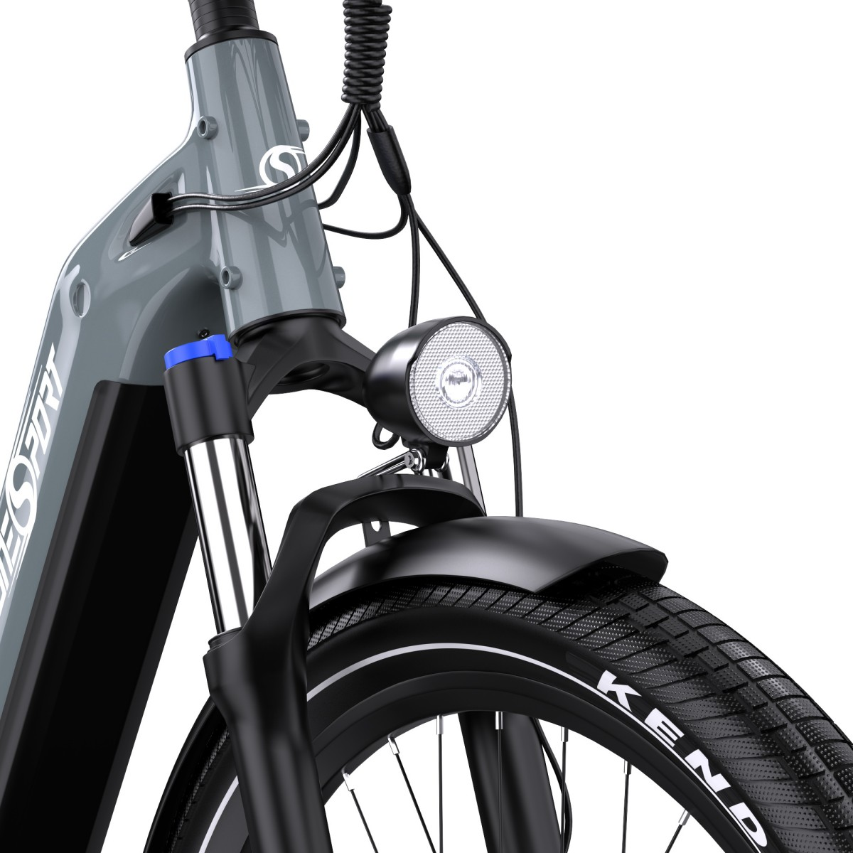 Bicicletta grigia con ruota anteriore, faro e sospensioni.