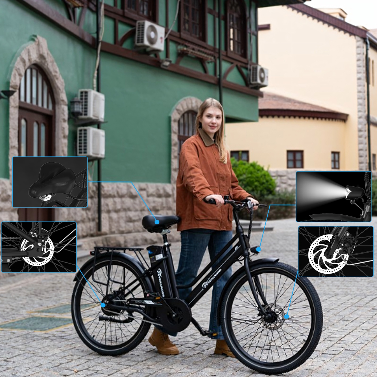 Eine Frau steht neben einem schwarzen Elektrofahrrad. Details von Sattel, Bremse und Licht sind hervorgehoben.