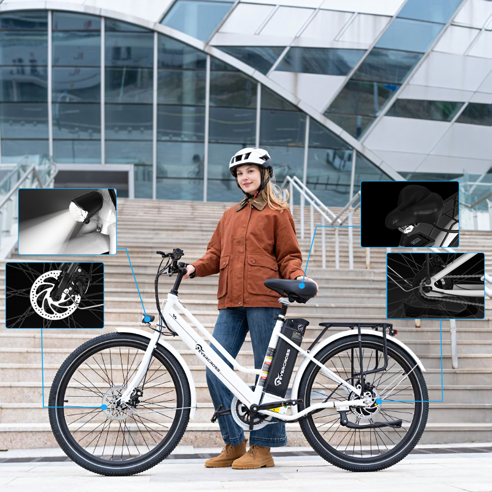 Eine Frau steht mit einem weißen E-Bike auf einer Treppe vor einem modernen Gebäude.