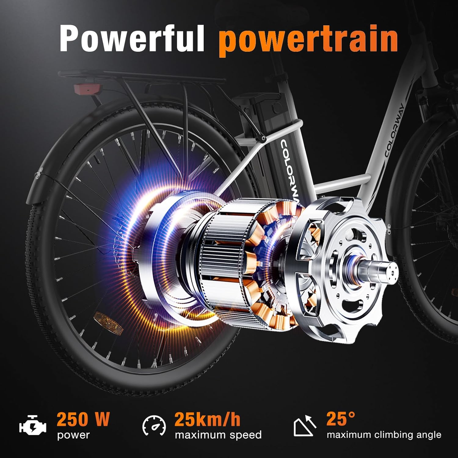 Primer plano del motor de una bicicleta eléctrica de 250 W.