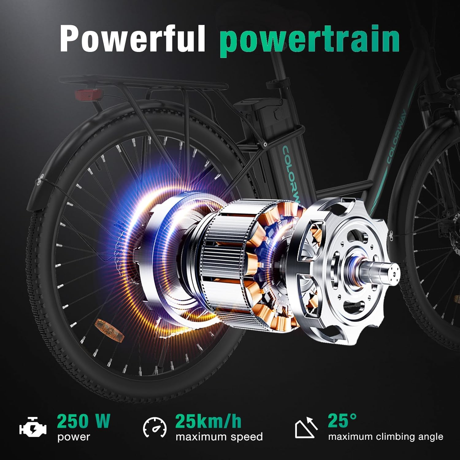 Primer plano de motor de bicicleta eléctrica, 250W potencia, 25km/h vel. máx.