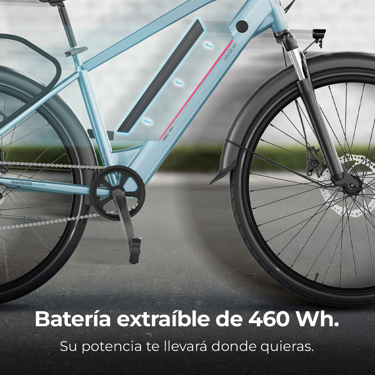 Una e-bike blu con batteria rimovibile da 460 Wh. Strada.