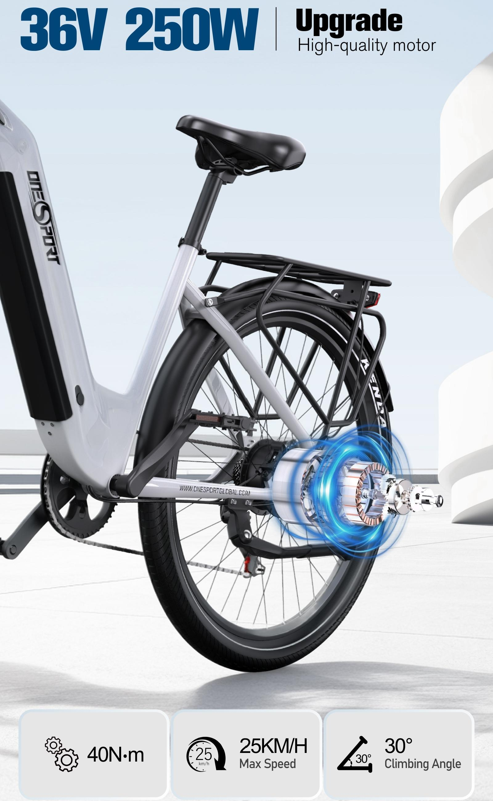Bici elettrica bianca, motore 36V 250W, 40Nm, 25km/h max, salita 30°.