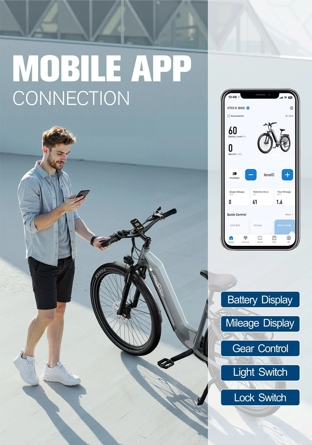 Uomo con smartphone accanto a e-bike, l'app mostra batteria, velocità e opzioni.