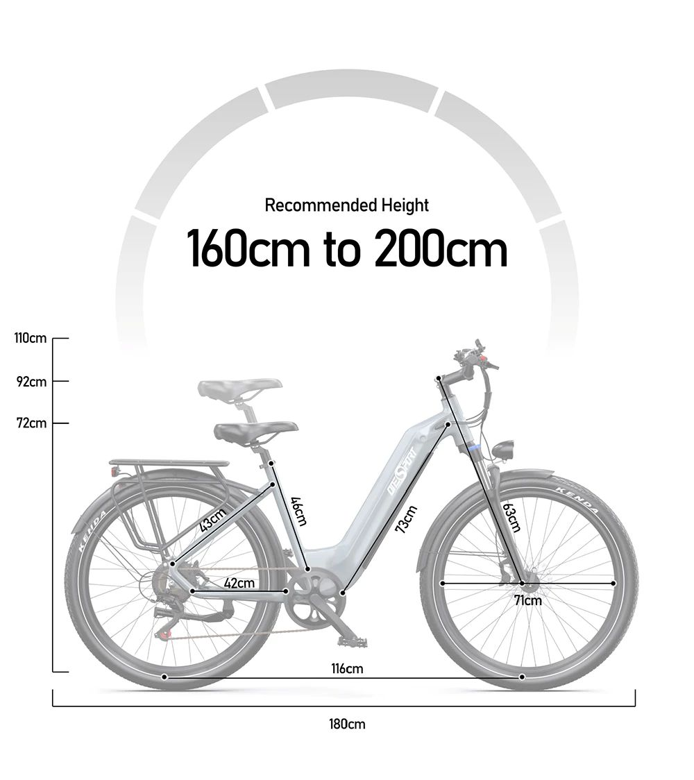 E-bike grigia con dimensioni e altezza consigliata 160-200cm.