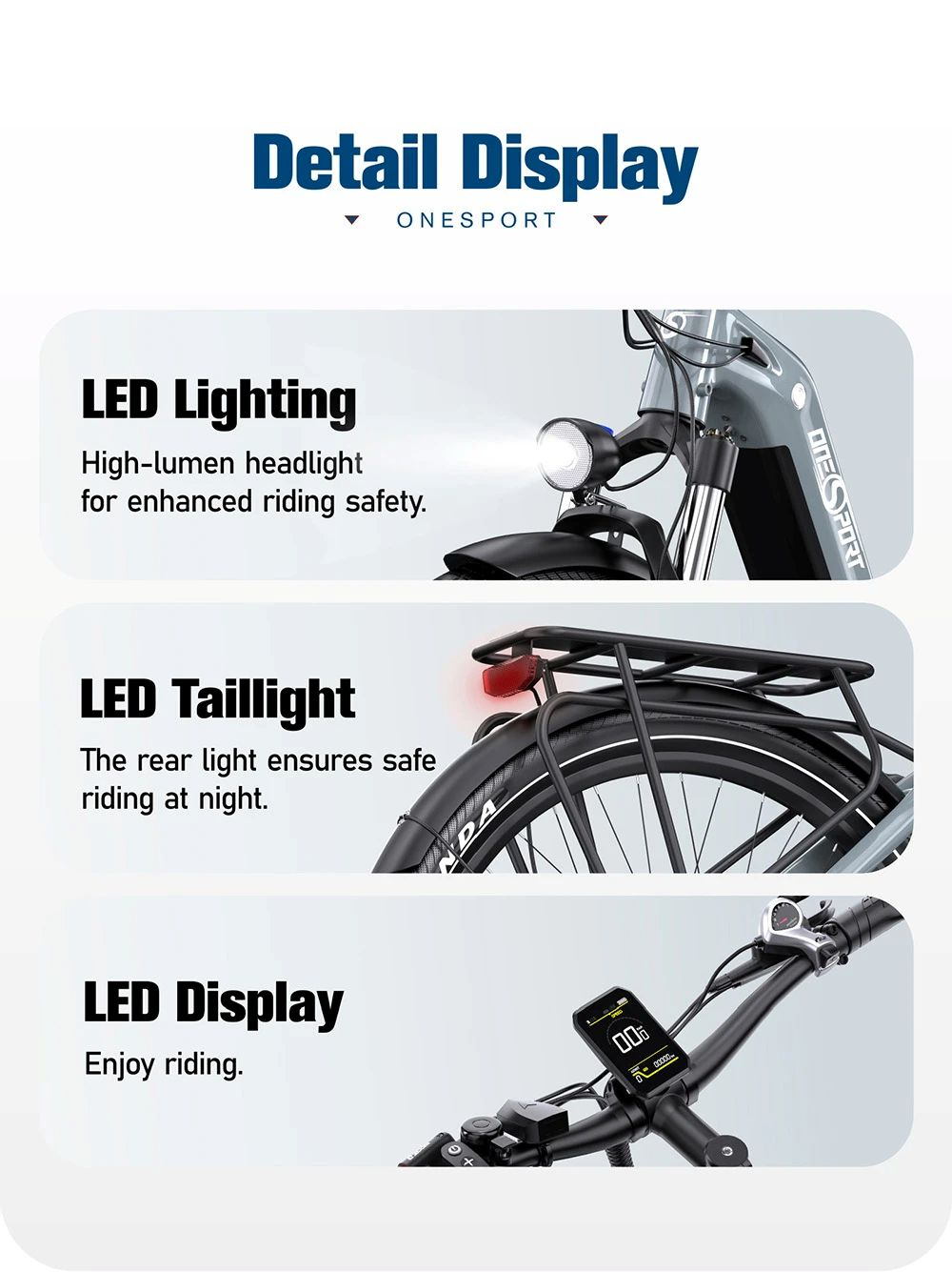 Bici elettrica con faro, fanale posteriore e display LED.