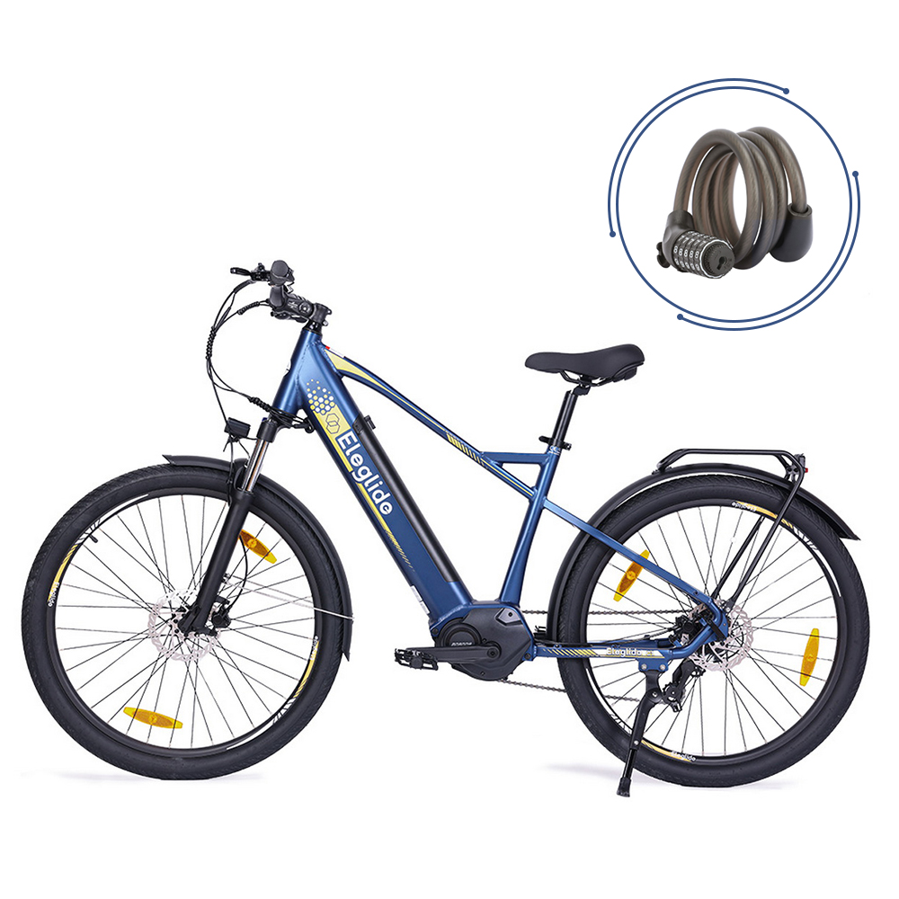 Niebieski rower elektryczny Eleglide z powyżej zwiniętą linką zabezpieczającą.