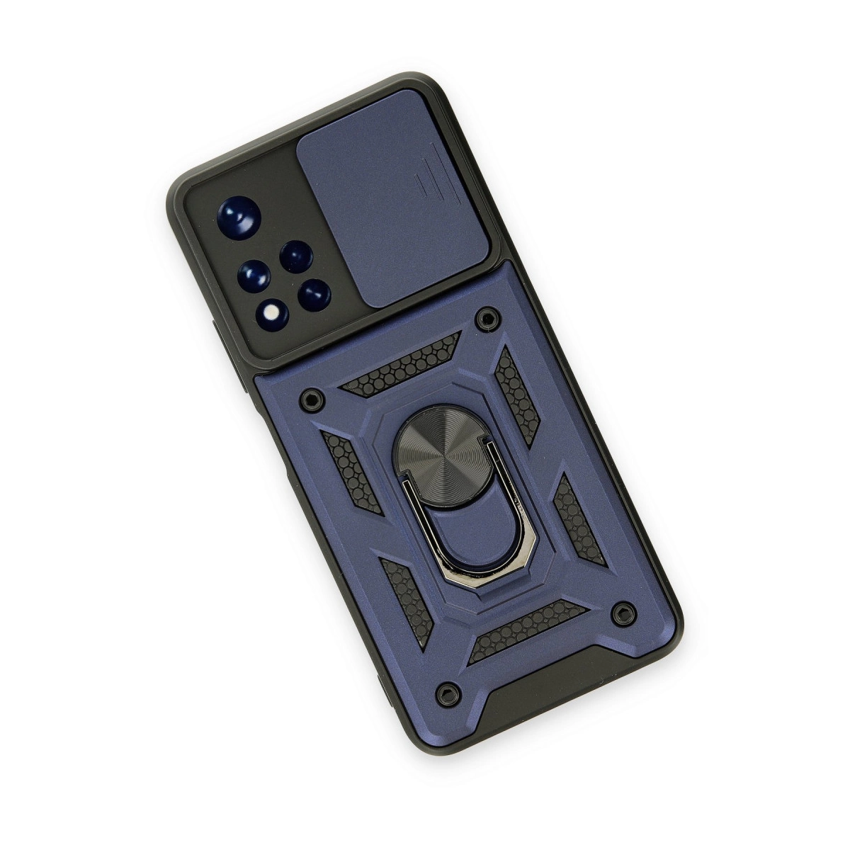 Kamera kapaklı ve halka tutuculu koyu mavi telefon kılıfı.